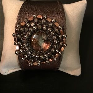 Bronze Leather and Faux Gemstone Bracelet Cuff
